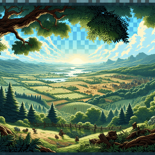 From the vantage point of a lofty tree branch, the world unfolds in a panoramic display of nature and human activity..
Single Game Texture. In-Game asset. 2d. Blank background. High contrast. No shadows.