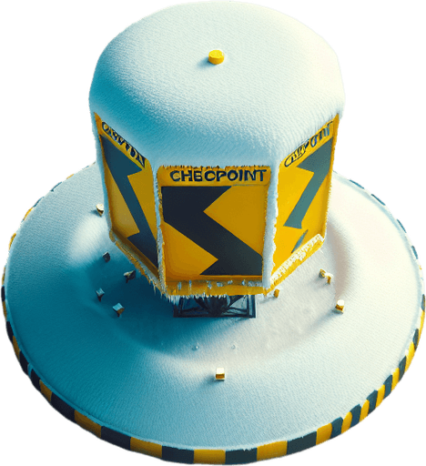 Photorealistic Yellow Checkpoint rally roadsignal covered by snow, drone view.