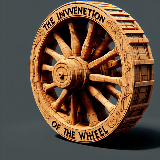 An animated image of a wooden wheel with a sign: The invention of the wheel.
Single Game Texture. In-Game asset. 2d. Blank background. High contrast. No shadows.