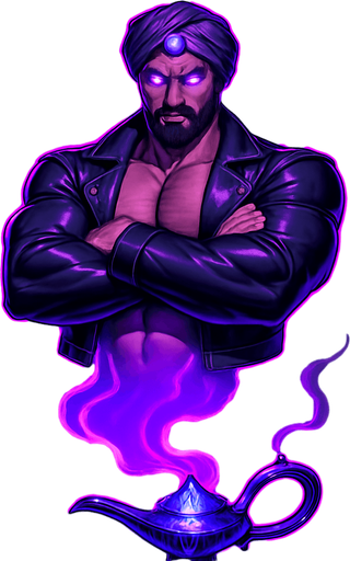 Flexing idle animation body animation Cyberpunk anime hunky Shiny black leather biker jacket Longsleeves shirtless pecs abs hunky Arab turban beard glowing eyes genie djinn arms crossed vaporous tail billows from magic lamp futuristic crystal gemstone genie lamp monster bulging biceps background removed , "Full-body character, entirely in frame, no cropping of face, head, or feet" "Complete character visible, from head to toe, fully centered in the image" "Entire character, horns, tail, & hooves, fully within the frame" Character fully contained within a square frame, no edges cut off, macho anime realistic proportions