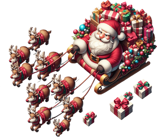 Santa on sleigh pulled by reindeer blank background no shadows flying forward away straight top down Single Game Texture. In-Game asset. 2d. Blank background. High contrast. No shadows.