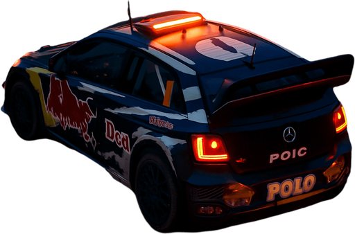 Photorealistic Volkswagen Polo R WRC Rallycar in nightlight, drone topview from back and 45 degrees angle in top right corner