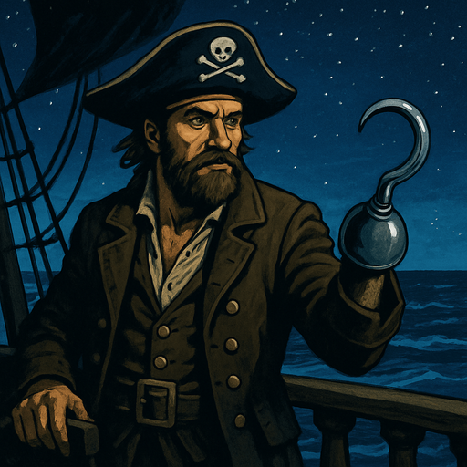 Pirata con sombrero pirata y garfio, en barco pirata, navegando sobre el mar en una noche estrellada, algo realista, pero fuera de lo caricaturesco.
In-Game asset.  2d.  High contrast.  No shadows