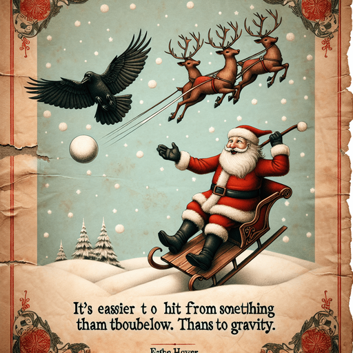 a pergament with santa on a sledge and his flying reindeers throwing a snowball to a raven. There is the text: "Its easier to hit something from above than below. Thanks to gravity."