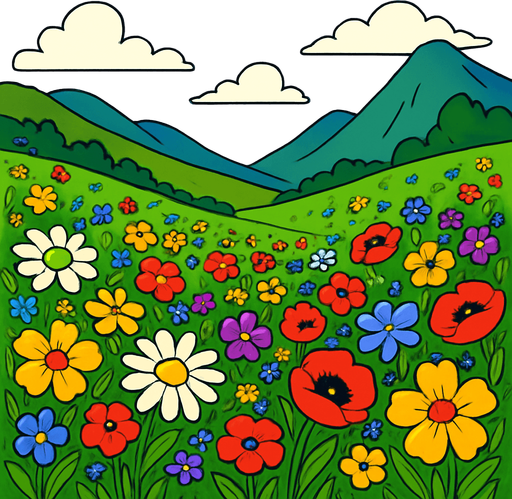 image 2d classic full warna tentang hamparan bunga bunga liar disuatu lembah.
In-Game asset.  2d.  High contrast.  No shadows