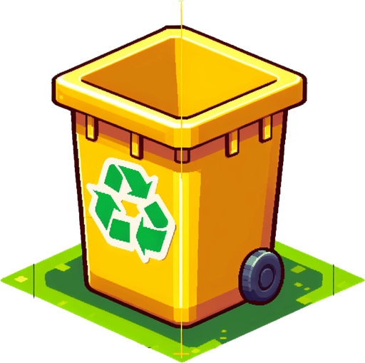 Face view of an open Yellow recycle bin with a green recycling sign..
In-Game asset. 2d. Blank background. High contrast. No shadows.
