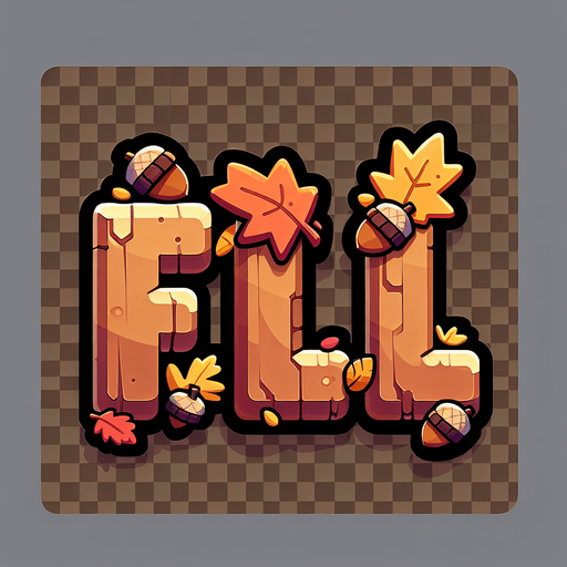 Create an SVG text design for "FALL" in bold cartoon style with chunky rounded letters. Add small falling leaves and acorn accents in warm autumn colors.​​​​​​​​​​​​​​​​.
Single Game Texture. In-Game asset. 2d. Blank background. High contrast. No shadows.
