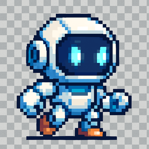 Crea un personaje que sea un robot pequeño y amigable.
Diseño estilo futurista pero tierno, como un asistente robótico.
Que parezca ágil y listo para esquivar bombas.
Estilo píxel art. Fondo transparente..
In-Game asset.  2d.  High contrast.  No shadows