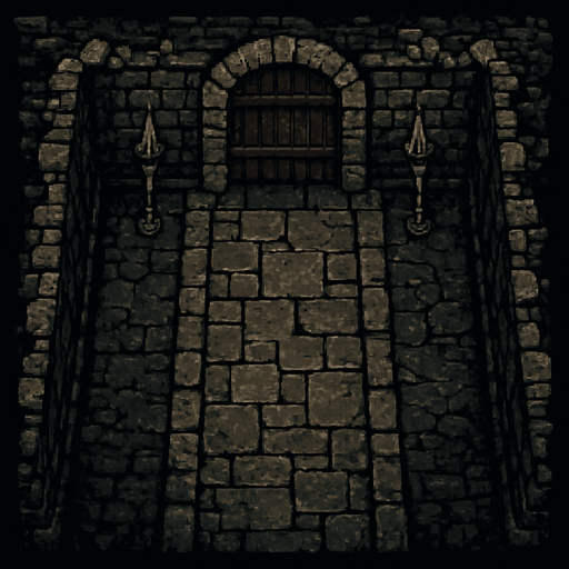 Koridor yukarıdan bakış dark souls style 2d pixel art.
In-Game asset.  2d.  High contrast.  No shadows