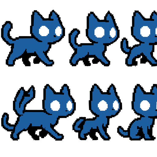 Haz los sprites de un gato azul sin pupilas caminando.
In-Game asset.  2d.  High contrast.  No shadows