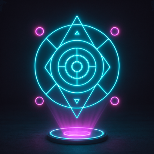 3d hologram neon cyberpunk sigil bullseye symbol magick sacred geometry corporate, logo projection flat symmetrical