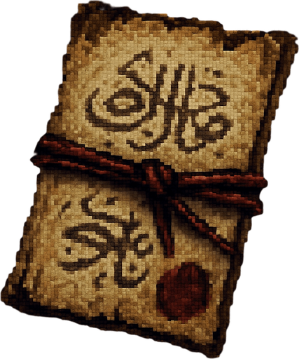 Create a pixel-art item asset of an ancient talisman inspired by Turkish folklore. It should appear as a folded parchment wrapped in an old red thread, with faint Ottoman-style calligraphy or mystical symbols visible. The talisman should have a glowing aura or faint sparkles to imply magical power. Optional details: slightly burned edges, aged paper texture, and traces of dried wax seal. The style should be mysterious, enchanted, and suitable for a 2D horror game. PNG format with transparent background, top-down or item-inventory view..
In-Game asset.  2d.  High contrast.  No shadows