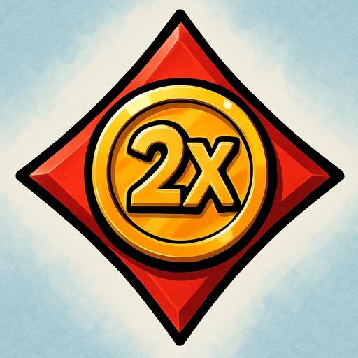 The diamond card suit with a coin in the center. The coin has a ‘2X’ in the center.  Anime style..
In-Game asset.  2d.  High contrast.  No shadows