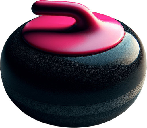 black curling stone with pink top, top view.