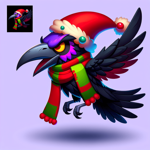 evil flying cartoon raven, sideview, christmas style Single Game Texture. In-Game asset. 2d. Blank background. High contrast. No shadows.