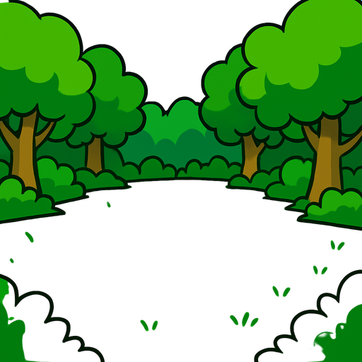 a cartoon style 3d image of a green meadow with trees on the edges and a clearing in the middle..
In-Game asset.  2d.  High contrast.  No shadows