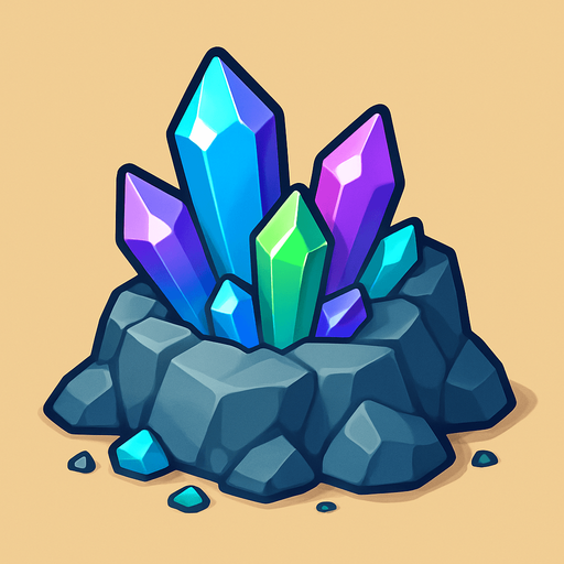 Crea un nodo de recurso de Mina de Cristales en un estilo 2D renderizado, limpio y cartoonish, con contornos claros y definidos, colores vibrantes con transiciones suaves, y sombreado que dé volumen. Debe ser fácilmente reconocible como una fuente de cristales (gemas).

Estructura Principal: Un afloramiento rocoso con cristales brillantes incrustados. Los cristales pueden ser de varios colores (azul, morado, verde) y de diferentes tamaños, con un brillo sutil.

Rocas: Las rocas circundantes pueden tener una textura diferente a la mina de oro, quizás más angulares o con colores más fríos.

Formación: Los cristales deben estar agrupados en formaciones geológicas naturales, y puede haber pequeños fragmentos de cristal esparcidos alrededor.

Dimensiones Sugeridas: Similar a la mina de oro (64x64 o 96x96 píxeles)..
In-Game asset.  2d.  High contrast.  No shadows