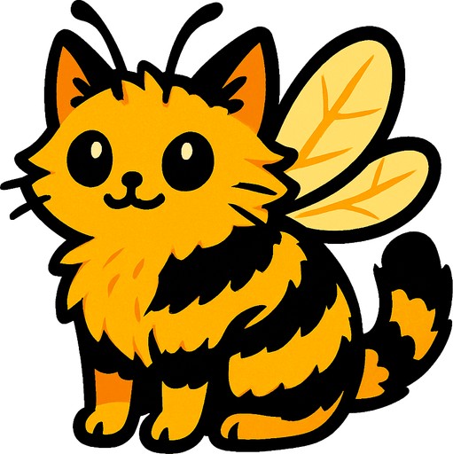 Chat (animal) a la fourrure couleur abeille et avec des ailes.
In-Game asset.  2d.  High contrast.  No shadows