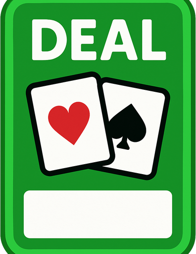 A rectangular green button with 2:3 ratio. Rounded corners. The word ‘Deal’ at top with a couple of small playing cards underneath. Blank area at the bottom. 
In-Game asset.  2d.  High contrast.  No shadows