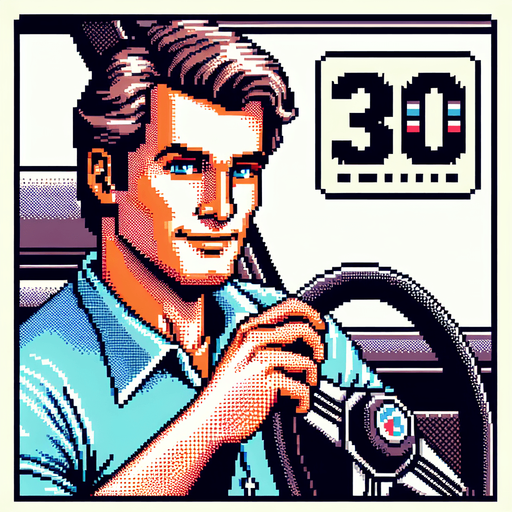 cool looking driver holding a car wheel as if he's driving. 30 years old. vintage retro 1980 style. 3/4 view. pixelated. 8 bit. Single Game Texture. In-Game asset. 2d. Blank background. High contrast. No shadows.