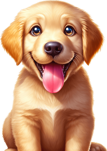 A happy golder retriever puppy. tongue hanging out in happiness. sitting down and looking at the viewer..
Single Game Texture. In-Game asset. 2d. Blank background. High contrast. No shadows.