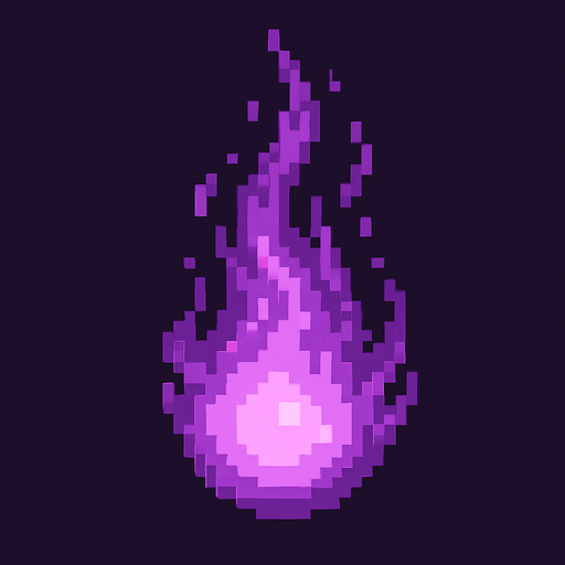 High quality 2D pixel art purple fire ball.
In-Game asset.  2d.  High contrast.  No shadows