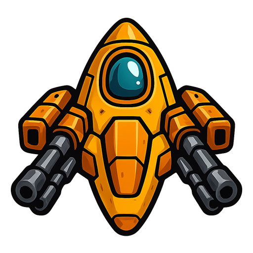 A space ship with guns.
Single Game Texture.  In-Game asset.  2d.  Blank background.  High contrast.  No shadows