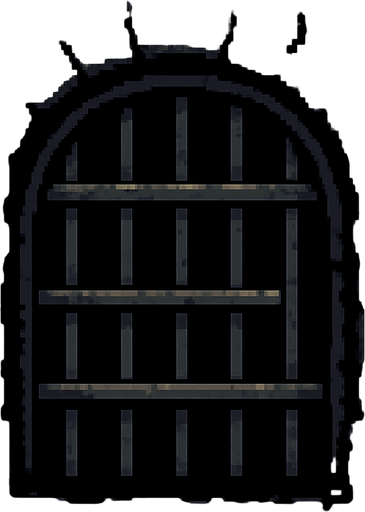 Background image of gate leading into a dark dungeon. Walls are grey and mossy stones. Retro pixel art..
In-Game asset.  2d.  High contrast.  No shadows
