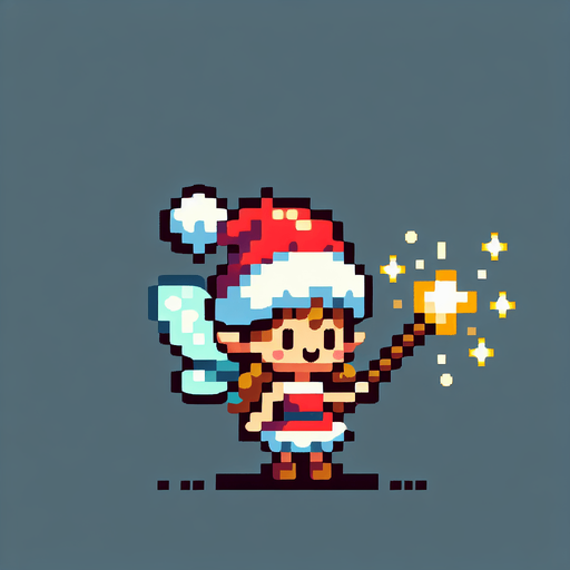 a cute little fairy standing with a santa hat and a magic wand Single Game Texture. In-Game asset. 2d. Blank background. High contrast. No shadows.