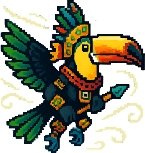 Generame un guerrero azteca con patrones, estilo pixelar, además será Tucán toco , unidad voladora con alas, con efectos de viento. Tiene que ser un animal..
In-Game asset.  2d.  High contrast.  No shadows