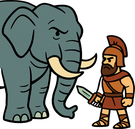 Animasyon çizgi dizi tarzında büyük ve devasa bir fil çiz yanındada elinde kılıç olan eski çağlardan bir asker olsun.
In-Game asset.  2d.  High contrast.  No shadows