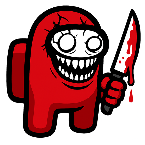 The red color in the game Among us creates the character in an extremely scary way, the glass of the astronaut suit is broken, his eyes are white, his mouth is so long that it touches his ears when he smiles, and he has a bloody knife in his hand..
In-Game asset.  2d.  High contrast.  No shadows