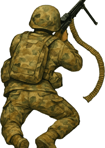 Army soldier laying with machine gun, top view from back