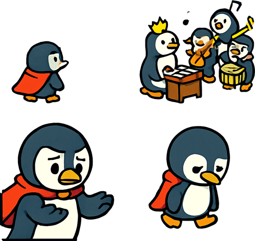 4-panel comic strip, no text, cute cartoon style, bright colors, black outlines.
Characters: Penguin Hero (small, determined) + Penguin Princess (elegant, crown) + Village Penguins
Central Theme: Music connects hearts, piano mastery wins love.  Hero doubts himself, thinks he's not good enough

Panel 1: Hero tries to approach Princess's palace but stops
Panel 2: Sees other talented penguins playing instruments near Princess
Panel 3: Hero looks at his flippers sadly, musical notes are wobbly/off-key
Panel 4: Hero walks away discouraged, head down.
In-Game asset.  2d.  High contrast.  No shadows