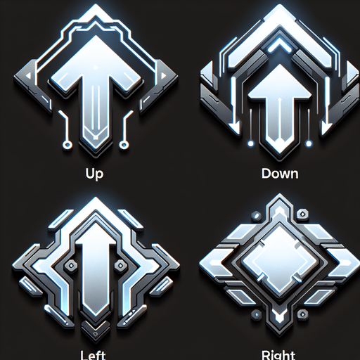 A set of dynamic, futuristic arrow indicators designed for a top-down 2D game. Each arrow is sleek and glowing, with a minimalistic design to fit a sci-fi aesthetic. The set includes four arrows pointing in cardinal directions: up, down, left, and right. These arrows have a subtle animated glow effect and are designed to overlay on a game floor to indicate navigable doorways after clearing a room. They are semi-transparent to avoid obstructing the gameplay view..
Single Game Texture. In-Game asset. 2D. Blank background. High contrast. No shadows. Includes four glowing arrows for cardinal directions (up, down, left, right). Designed for overlay on the game floor, semi-transparent with a glowing effect.