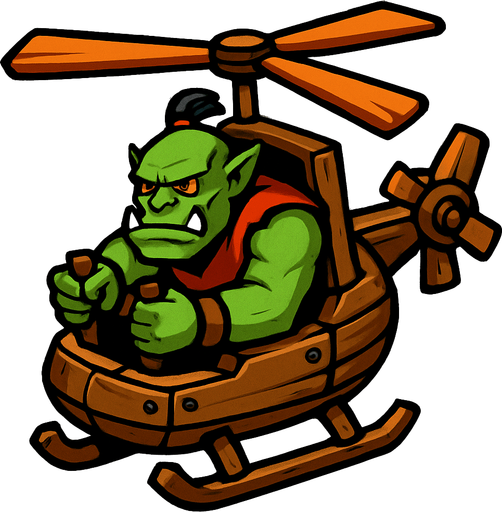 Orc in a wooden helicopter.
In-Game asset.  2d.  High contrast.  No shadows