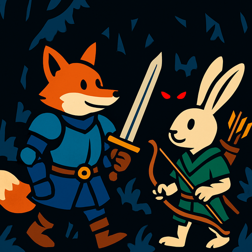 un caballero zorro y un arquero conejo caminan por el bosque tranquilamente, mientras en el fondo en la oscuridad del bosque se ven unos ojos rojos que resaltan.
In-Game asset.  2d.  High contrast.  No shadows