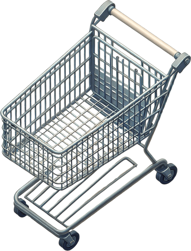 Top-down image of a shopping cart.
Single Game Texture.  In-Game asset.  2d.  Blank background.  High contrast.  No shadows