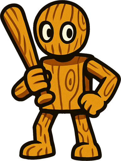 anthropomorphic wooden figure holding a baseball bat.
In-Game asset.  2d.  High contrast.  No shadows