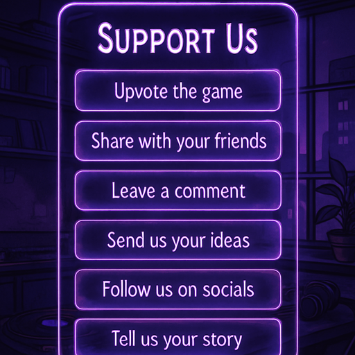 A semi-realistic comic book style UI panel designed for the “Support Us” section of a lo-fi DJ rhythm game. The panel floats transparently over the background with no shadows, sized for a 2048x2732 resolution. It features a vertical stack of soft glowing purple neon buttons, each inside a smooth rectangular glassy panel with rounded corners. The edges are subtly lit, with faint reflections and neon glow blending into the nighttime DJ room setting.

At the top, a slightly larger title box says “Support Us” in a stylized sans-serif, high-contrast white font. Below, each button includes one of the following phrases in a clean, elegant typeface:

→ Upvote the game

→ Share with your friends

→ Leave a comment

→ Send us your ideas

→ Follow us on socials

→ Tell us your story

The overall vibe should match the game’s warm, urban nighttime mood — lo-fi, reflective, a little dreamy. All boxes are neatly aligned, feel touchable, and match the moody neon-lit UI aesthetics used in the main menu.
In-Game asset.  2d.  High contrast.  No shadows