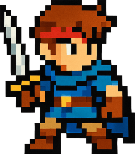 2d hero swordsman pixel sprite.
In-Game asset.  2d.  High contrast.  No shadows