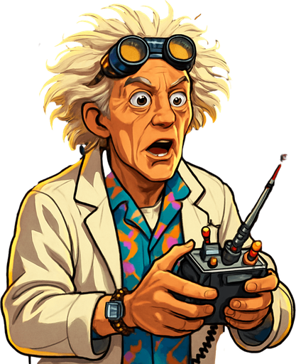 A realistic digital portrait of an eccentric elderly scientist with wild, white, frizzy hair and expressive eyebrows, wearing retro-futuristic goggles on his forehead, a white lab coat over a colorful 1980s shirt, and holding a futuristic remote control device. The background features a glowing DeLorean time machine with lightning and sparks. The character looks surprised and excited, with wide eyes and a dramatic pose. Cinematic lighting, hyper-detailed, 4K resolution, concept art style, inspired by 1980s sci-fi movies..
In-Game asset.  2d.  High contrast.  No shadows