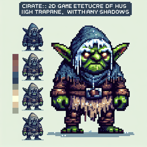 A winter goblin enemy character. Pixelart. front view. Single Game Texture. In-Game asset. 2d. Blank background. High contrast. No shadows.