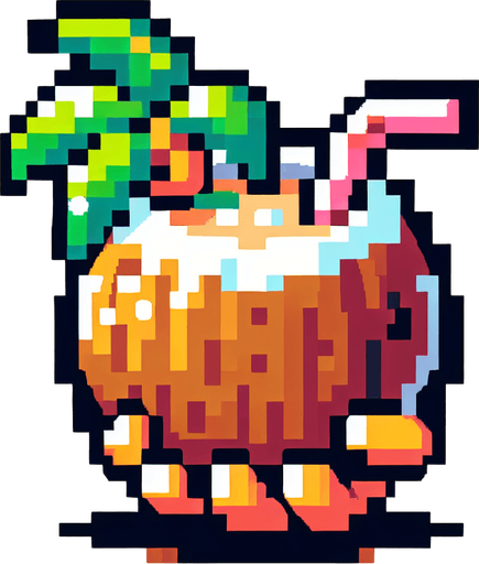 cartoon/8-bit. coconut drink. in a coconut..
Single Game Texture. In-Game asset. 2d. Blank background. High contrast. No shadows.