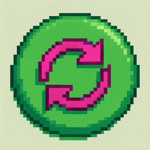 A green circular button featuring a fuchsia-colored refresh icon, designed in Pixel Art style.