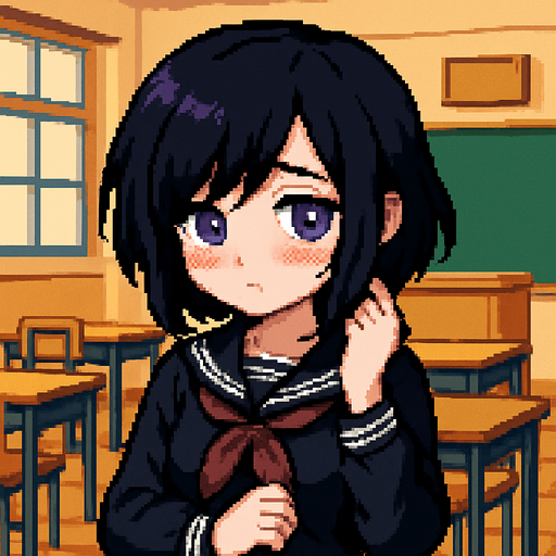 A cute anime-style girl depicted in pixel art, with an emo aesthetic and striking purple eyes. She's wearing a classic Japanese school uniform (sailor fuku). She has a shy expression, with blushing cheeks and an averted gaze. Her left hand is playing with her hair, while her right hand rests on her chest. In the background, there's a typical anime-style classroom.