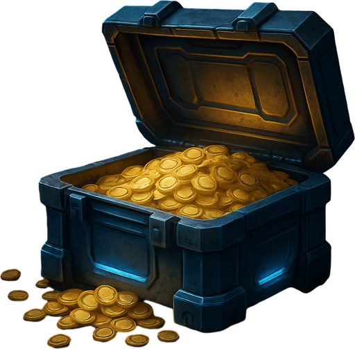 Uzay temalı, içi altın dolu kapağı açık kasa, gerçekçi, 
In-Game asset.  High contrast.  No shadows