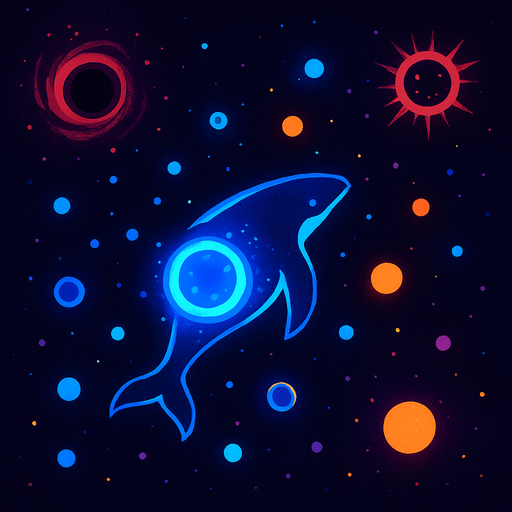 Oyun Adı: Kozmik Balina: Evrimsel Yolculuk

Oyun Türü: Uzayda Hayatta Kalma / Toplama / Büyüme (Casual)

Temel Konsept:
Oyuncu, devasa bir kozmik varlığı (enerji küresi, gezegen ruhu veya kozmik balina yavrusu gibi) kontrol eder. Amacı, uzaya dağılmış enerji parçacıklarını ve kürelerini emerek büyümek, evrimleşmek ve arenada sürekli beliren tehlikeli kozmik anomalilerden (kara delik benzeri alanlar, düşman varlıklar) kaçarak mümkün olduğunca uzun süre hayatta kalmaktır. Odak noktası görsel büyüme ve atmosferik keşiftir.

Görsel Stil ve Atmosfer:
* **Genel Estetik:** Minimalist ama zengin ve büyüleyici bir kozmik sanat stili. Derin uzayın gizemini ve güzelliğini yansıtmalı.
* **Renk Paleti:** Koyu lacivert, mor, derin siyahlar arka plan için. Oyuncu, toplanabilirler ve düşmanlar için parlak neon mavisi, mor, turuncu, kırmızı, sarı gibi kontrast renkler.
* **Parçacık Efektleri:** Bol miktarda parlak parçacık efekti (yıldız tozu, enerji emilimi, çarpışma parlamaları, evrimsel auralar).

O.
In-Game asset.  2d.  High contrast.  No shadows