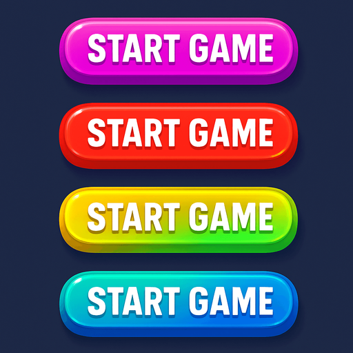 "start game" buttons. rainbow colors in each button. HD colors. 
In-Game asset.  High contrast.  No shadows. 3D