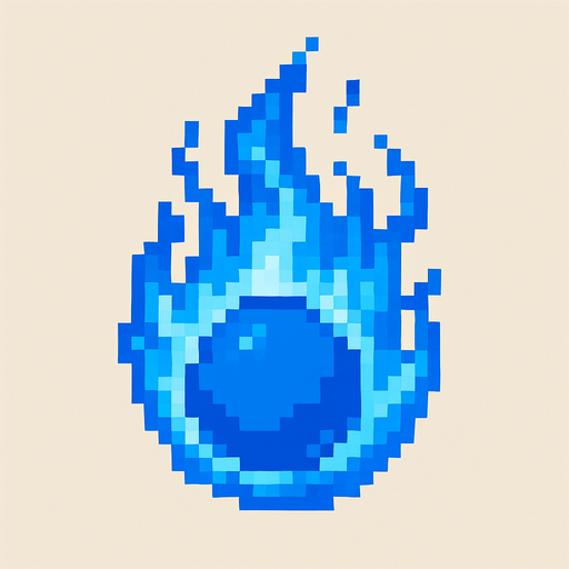 High quality 2D pixel art blue fire ball.
In-Game asset.  2d.  High contrast.  No shadows